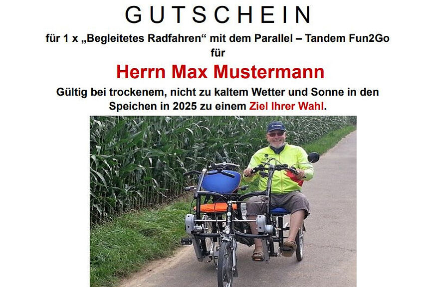 Gutschein Paralleltandemfahrt Gutschein für eine Paralleltandemfahrt. Logo: ADFC Ostfildern für Max Mustermann. Gültig bei trockenem Wetter und Sonne in den Spechen in 2025 zu einem Ziel ihrer Wahl. Wir starten nach Beginn der Sommerzeit ab 30.03.3035 wann es passt, fahren wir ca. 60 Minuten, um den Wind in den Haaren zu spüren