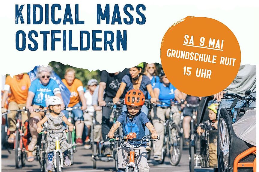 KidicalMass Ostfilder 2026 Plakat/Flyer KidicalMass Ostfildern SA 09 Mai Grundschule RUIT 15 Uhr Bild einer Gruppe Kinder auf Fahrrädern. Sowie ein KinderAufsRad Symbol.