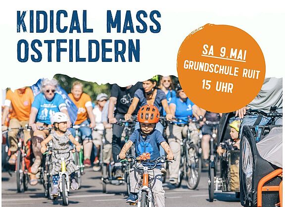 Plakat/Flyer KidicalMass Ostfildern SA 09 Mai Grundschule RUIT 15 Uhr Bild einer Gruppe Kinder auf Fahrrädern. Sowie ein KinderAufsRad Symbol.